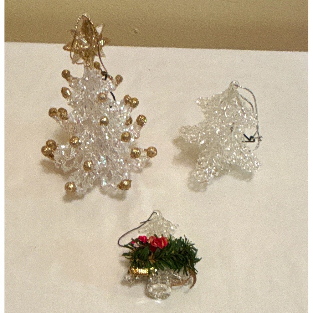 Lot of 3 Clear Spun Glass Acrylic Christmas Tree Ornaments Gold Accents 4in